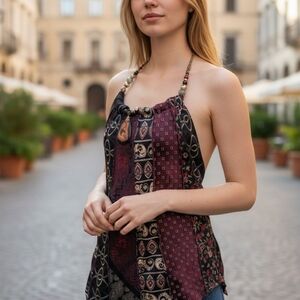 Beaded Halter Patchwork Tunic in Burgundy and Black